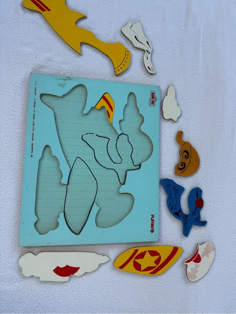 Vintage 1973 Playskool Sesame Street Grover Pilot Wood Tray Puzzle 13pc